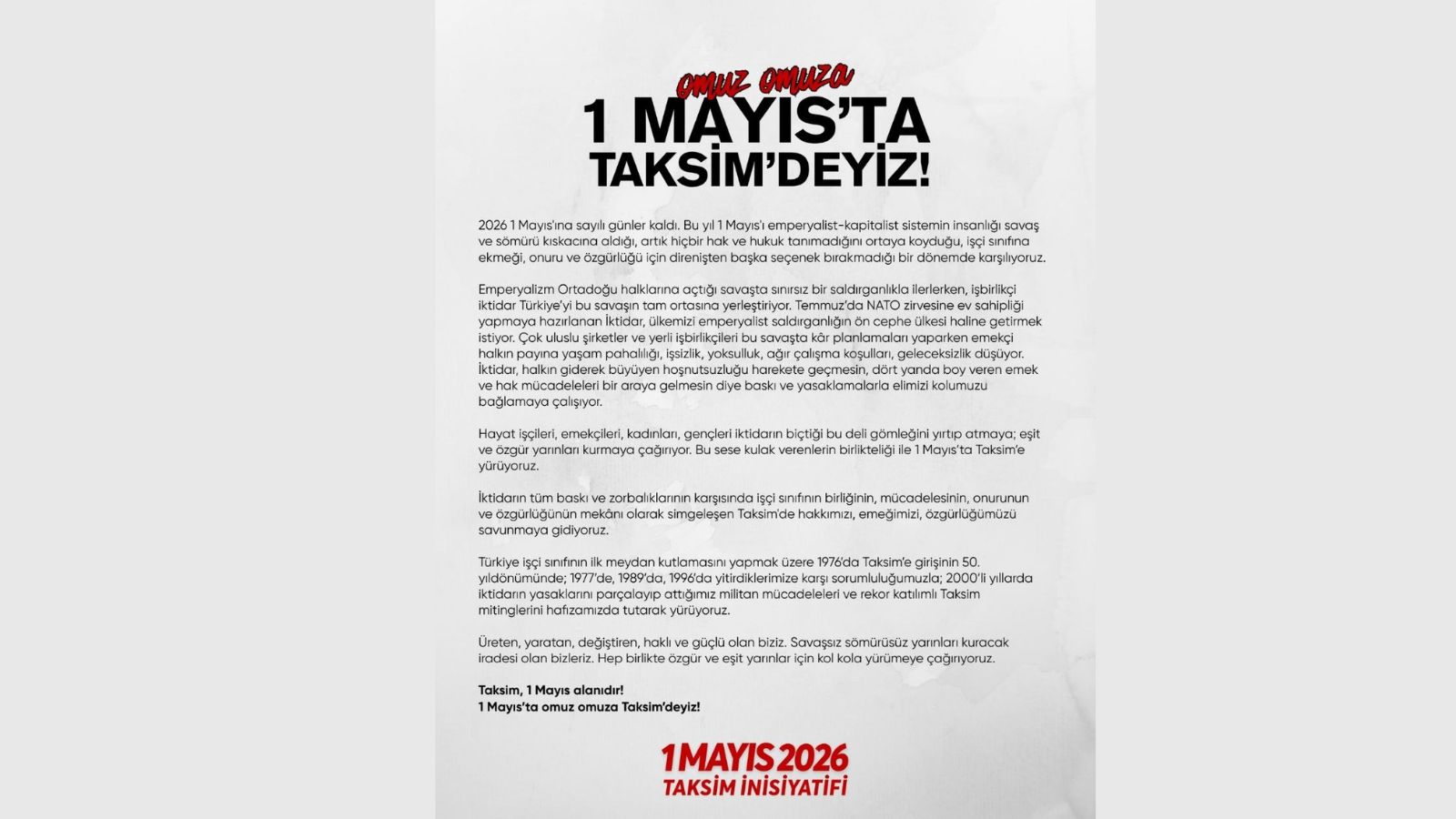 1 May�s 2026 Taksim �nisiyatifi kuruldu: 1 May�s'ta Taksim'deyiz